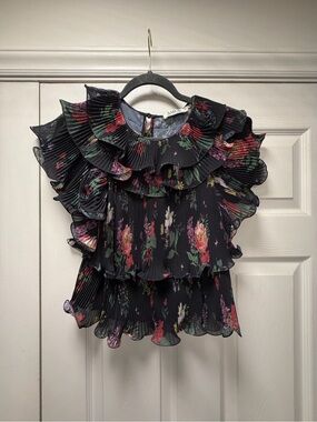 AMUR Black Pleated Top with Red and Green Floral Print